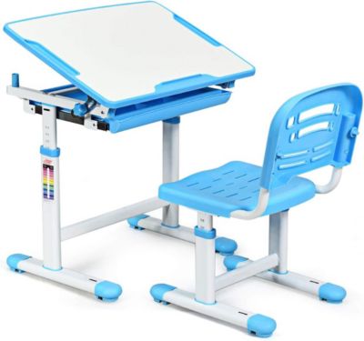 Ensemble Bureau et Chaise pour Enfant avec Hauteur Reglable et Table Inclinable avec Tiroir et Crochet sur Cote bleu