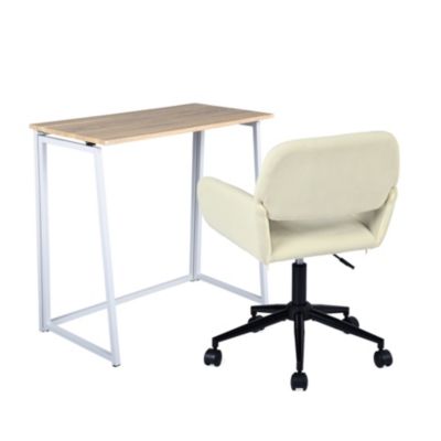Ensemble bureau pliable et fauteuil en velours côtélé, bureau H. 74 x L. 80 x P. 40 cm, chêne clair et beige MEUBLES COSY