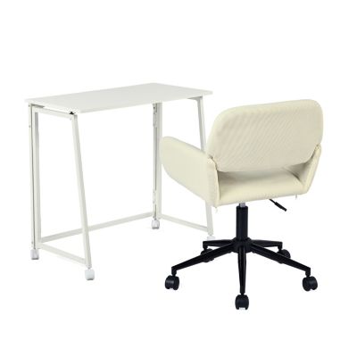 Ensemble bureau pliable à roulettes et chaise en velours, bureau H. 74 x L. 80 x P. 40 cm, blanc et vert MEUBLES COSY