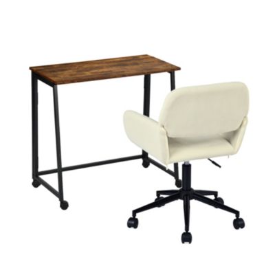 Ensemble bureau pliable à roulettes et chaise en velours, bureau H. 74 x L. 80 x P. 40 cm, chêne foncé et beige MEUBLES COSY