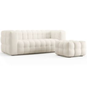 Ensemble Canapé capitonné 3 places + Pouf en tissu chenille beige - Cester