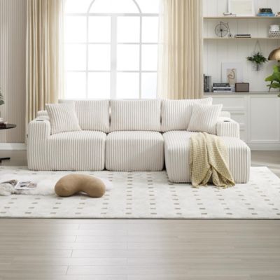Ensemble canapé modulaire avec chaise longue et canapé 2 places, revêtement velours côtelé doux, 5 coussins, poches latérales