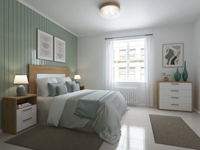 Ensemble chambre adulte ( tête de lit + 2 chevets +  commode ) coloris chêne Albar /blanc