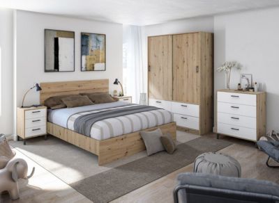 Ensemble chambre à coucher ( commode, tête de lit + 2 tables de chevet, cadre de lit, Armoire) coloris blanc artic, chêne nordique