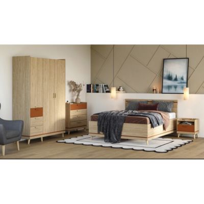 Ensemble chambre NOKI  Lit 160x200 et armoire 3 portes et commode et table de chevet  Chene clair et moka style scandinave