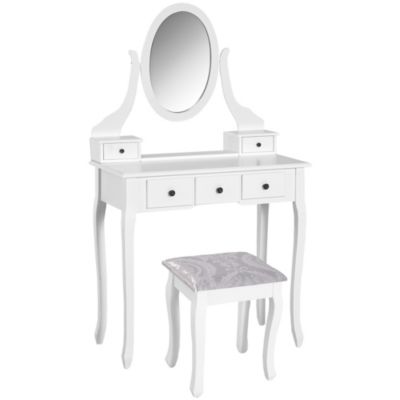 Ensemble coiffeuse et tabouret style baroque 5 tiroirs miroir ovale pivotant MDF bois blanc