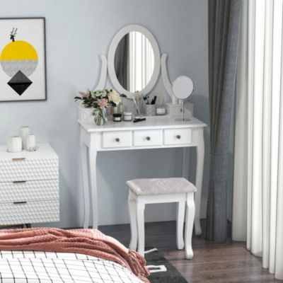 Ensemble coiffeuse et tabouret style baroque 5 tiroirs miroir ovale pivotant MDF bois blanc