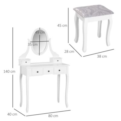 Ensemble coiffeuse et tabouret style baroque 5 tiroirs miroir ovale pivotant MDF bois blanc