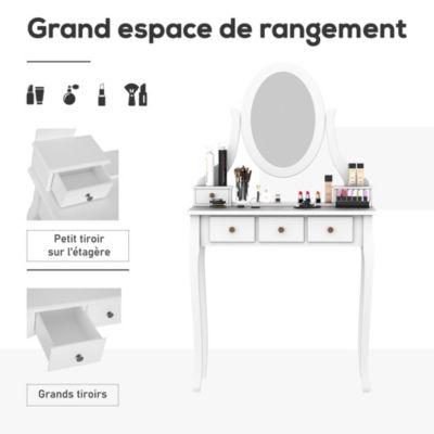 Ensemble coiffeuse et tabouret style baroque 5 tiroirs miroir ovale pivotant MDF bois blanc