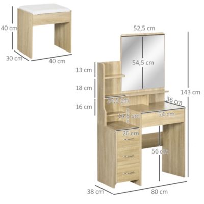 Ensemble coiffeuse tabouret design contemporain multi-rangement 4 tiroirs 4 étagères grand miroir aspect chêne clair blanc