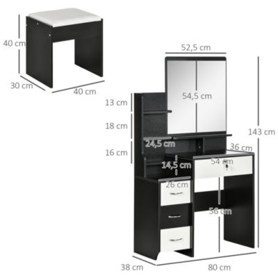 Ensemble coiffeuse tabouret design contemporain multi-rangement 4 tiroirs 4 étagères grand miroir noir blanc