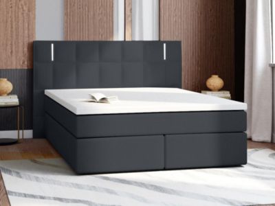 Ensemble complet boxspring tête de lit avec leds + sommiers + matelas + surmatelas - 160 x 200 cm - Simili - Anthracite - BILBAO