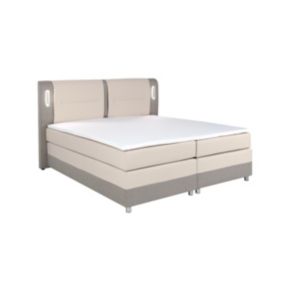 Ensemble complet boxspring tête de lit avec leds + sommiers + matelas + surmatelas - 160 x 200 cm - Tissu et simili - Beige et