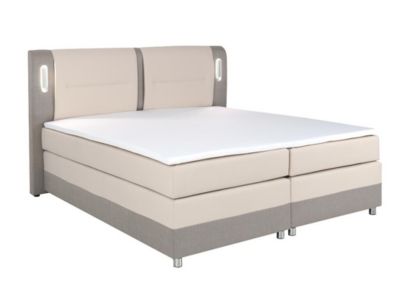 Ensemble complet boxspring tête de lit avec leds + sommiers + matelas + surmatelas - 160 x 200 cm - Tissu et simili - Beige et