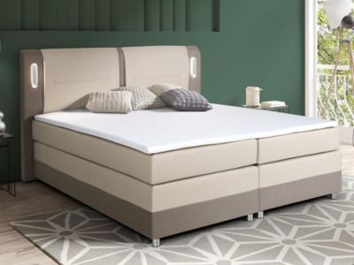 Ensemble complet boxspring tête de lit avec leds + sommiers + matelas + surmatelas - 160 x 200 cm - Tissu et simili - Beige et