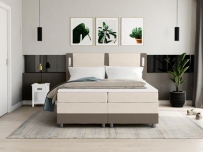 Ensemble complet boxspring tête de lit avec leds + sommiers + matelas + surmatelas - 160 x 200 cm - Tissu et simili - Beige et