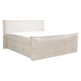 Ensemble complet boxspring tête de lit + sommiers coffre + matelas + surmatelas - 2 x 80 x 200 cm - Velours côtelé - Ivoire -