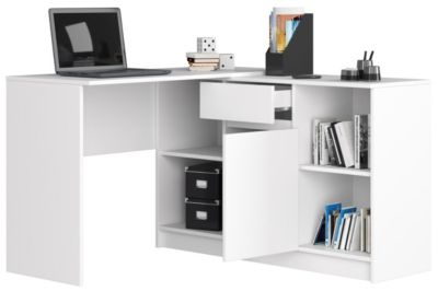 Ensemble d'angle AKORD bureau B17 avec commode Blanc 120 cm 1 porte 1 tiroir façade Blanche 6 étagères 120x126x79 cm