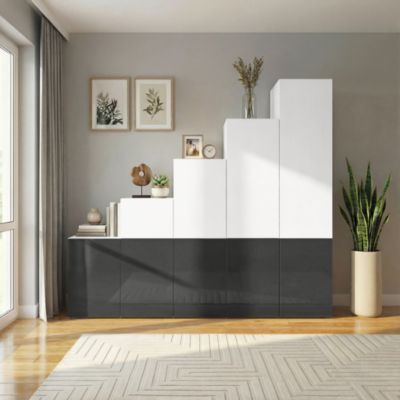 Ensemble d’armoires portes battantes sous pente et/ou comble, blanches et anthracite brillant GoodHome Atomia H. 225 x L. 250 x P. 60 cm