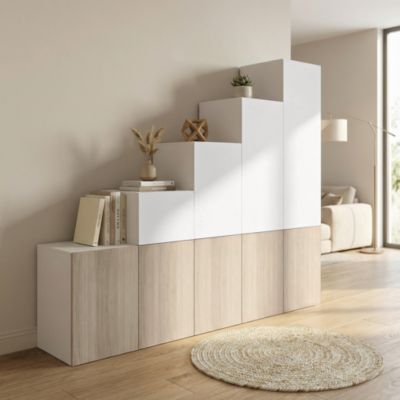 Ensemble d’armoires portes battantes sous pente et/ou comble blanches et effet chêne GoodHome Atomia H. 225 x L. 250 x P. 60 cm