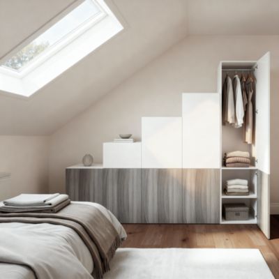 Ensemble d’armoires portes battantes sous pente et/ou comble blanches et effet chêne grisé GoodHome Atomia H. 225 x L. 250 x P. 60 cm