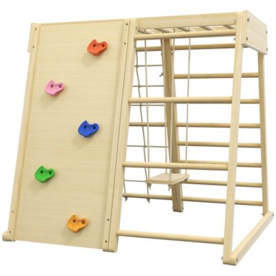 Ensemble d'escalade aire de jeux 5 en 1 - balançoire, mur d'escalade et filet, échelle, jouets d'escalade - bois naturel