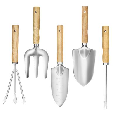 Ensemble d'outils de jardinage 5 pièces, outils de jardinage à manche en bois pour plantes de jardin intérieures et extérieures