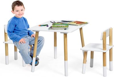 Ensemble de 1 Table et 2 Chaises Table et Chaises en MDF et Pin pour Activites Etude Interieure Exterieure Blanc