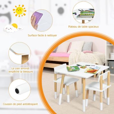 Ensemble de 1 Table et 2 Chaises Table et Chaises en MDF et Pin pour Activites Etude Interieure Exterieure Blanc