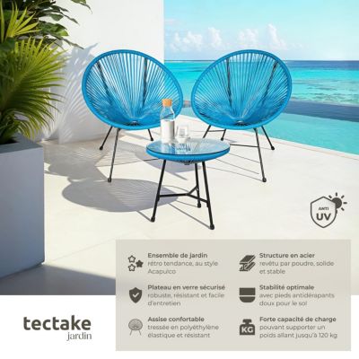 Ensemble de 2 chaises de jardin avec table design rétro dans le style Acapulco bleu