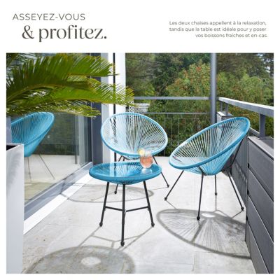 Ensemble de 2 chaises de jardin avec table design rétro dans le style Acapulco bleu