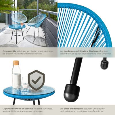 Ensemble de 2 chaises de jardin avec table design rétro dans le style Acapulco bleu
