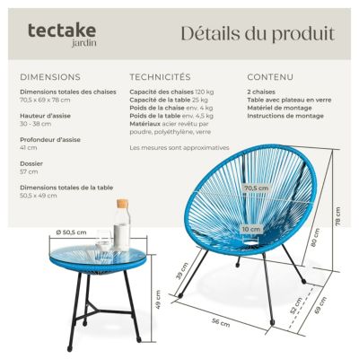 Ensemble de 2 chaises de jardin avec table design rétro dans le style Acapulco bleu