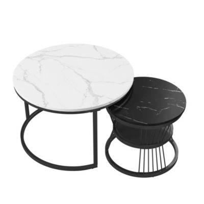 Ensemble de 2 tables basses gigognes,table basse,placage de marbre,cadre en métal, Noir,70x70x45.5 cm