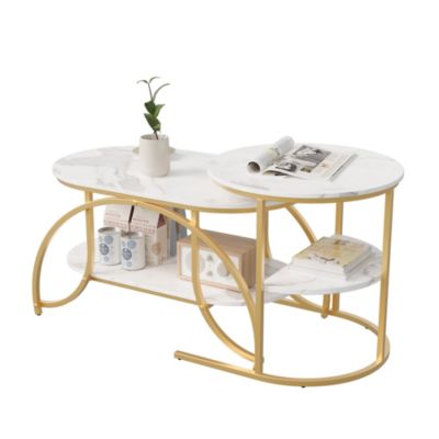 Ensemble De 2 Tables Basses Modernes, Aspect Marbre, Grand Rangement, Doré