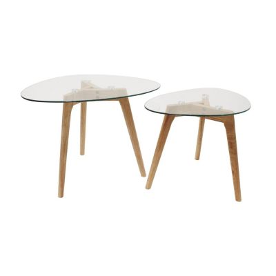 Ensemble de 2 tables gigognes triangles en verre et bois Transparent, L. 60 x l. 43 x H. 45 cm