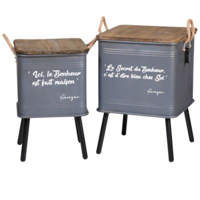 Ensemble de 2 tables grises en métal style industriel avec anse en corde. Collection HAPPINESS