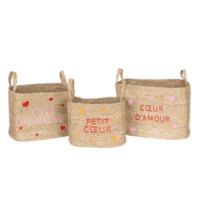 Ensemble de 3 paniers en osier motifs cœur Beige, L. 30 x l. 28 x H. 38 cm, AMOUR
