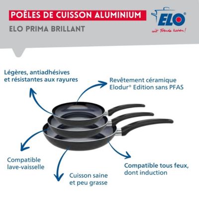 Ensemble de 3 Poêles de cuisson 20, 24 et 28 cm et 2 faitouts 20 et 24 cm Elo Prima Brillant