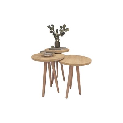 Ensemble de 3 tables d'appoint rondes coloris Chêne sur pieds - Diamètre 35 cm, Hauteurs différentes : 49, 47 et 45 cm