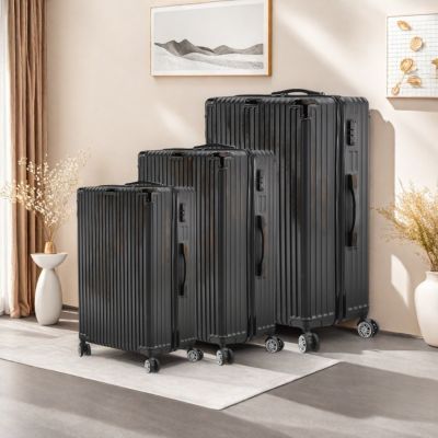 Ensemble de 3 valises à rayures ABS - 28"/24"/20" - Cabine et soute - Noir - Valise de voyage légère et durable à 4 roues