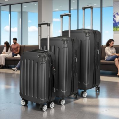 Ensemble de 3 valises à rayures ABS - 28"/24"/20", Léger et durable avec 4 roulettes pour voyager, Cabine et soute, Noir
