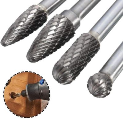 Ensemble de 4 fraises rotatives à double coupe en carbure de tungstène, tige de 6 mm, tête de meulage pour bois (154-160 mm)