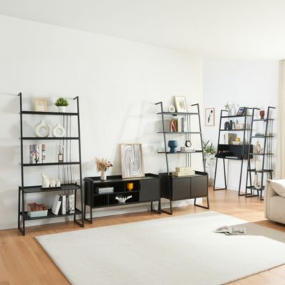 Ensemble de 5 meubles Storfjord avec bureau, meuble TV et 3 étagères échelles noir en.casa