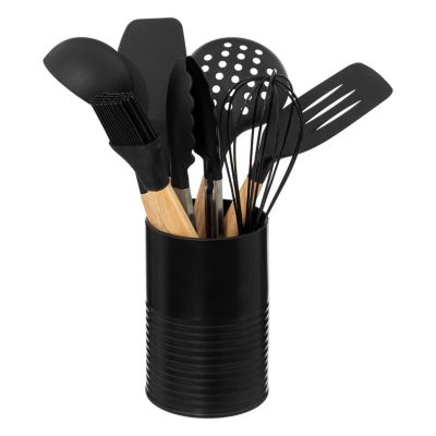 Ensemble de 7 ustensiles à manche en bois avec pot Noir, L. 10 x l. 10 x H. 31 cm