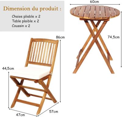 Ensemble de Bistro de Jardin Pliantes,2 Coussins+2 Chaises+1 Table Bois d'Acacia,Meuble de Jardin