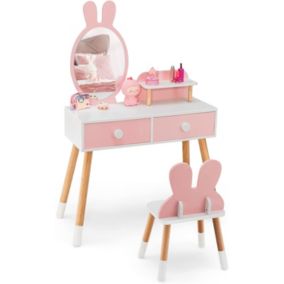 Ensemble de Coiffeuse de Maquillage Princesse 2 en 1 avec Tabouret et Miroir en Forme d oreilles de Lapin Tiroirs Doubles