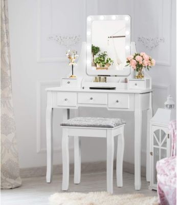 Ensemble de Coiffeuse et de Tabouret avec Miroir Pivotant Luminosites Reglables 5 Tiroirs Boîte de Rangement