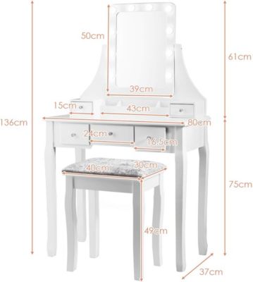 Ensemble de Coiffeuse et de Tabouret avec Miroir Pivotant Luminosites Reglables 5 Tiroirs Boîte de Rangement