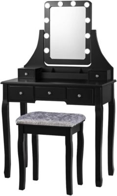 Ensemble de Coiffeuse et de Tabouret avec Miroir Pivotant Luminosites Reglables 5 Tiroirs Boîte de Rangement